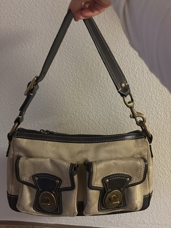 Coach Handbags - Coach Beige and Dark Brown Shoulder Bag with Dual Front Pockets